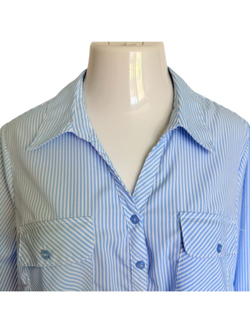 Vintage Studio Works Womens 2X Shirt Blue Stripe Button Up Roll Tab Long Sleeve